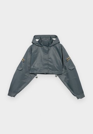 Casaco de chuva cinza cropped com capuz, mangas compridas, bainha elástica, dois bolsos laterais e detalhes amarelos na manga esquerda. Textura lisa.