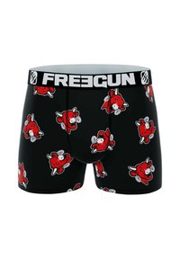Shorts de boxeur noirs ornés d'un motif répété de taureaux en cartoon rouges, rehaussés de détails bleus et blancs ; ceinture élastique avec le logo "FREEGUN".