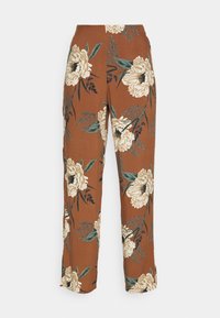 Fließende, hochgeschnittene Hosen aus braunem Stoff mit großen cremefarbenen Blumenmustern und grünen Blättern, mit einem geraden Bein-Design.