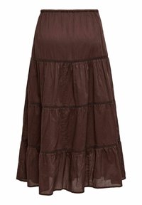 Jupe midi marron à volants avec taille élastique et inserts horizontaux en dentelle décorative entre les sections froncées.