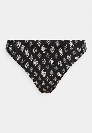 Bas de bikini noir avec des motifs géométriques blancs et des lettres entrelacées répartis uniformément sur le tissu.
