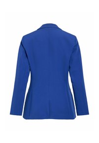 Zils sieviešu piegriezts žakete ar gariem piedurknēm, redzamām aizmugurējām šuvēm un piegulošu vidukli, attēlots no aizmugures uz balta fona.