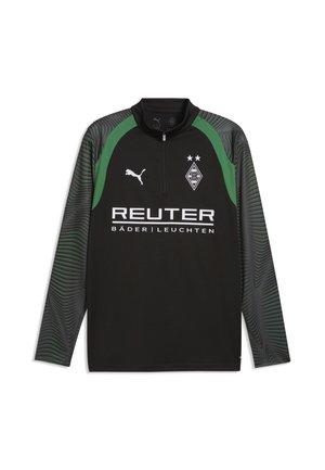 Haut de sport noir à manches longues avec épaules vertes, logo Puma, écusson Borussia Mönchengladbach et texte du sponsor REUTER Bäder Leuchten à l'avant.