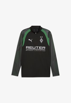 Haut de sport noir à manches longues avec épaules vertes, logo Puma, écusson Borussia Mönchengladbach et texte du sponsor REUTER Bäder Leuchten à l'avant.