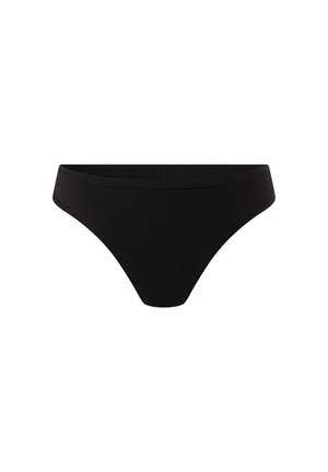 Czarny dół bikini wykonany z gładkiego materiału, o minimalistycznym wzornictwie, niskim stanie i bezszwowych krawędziach dla komfortu i dopasowania.