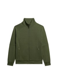 Oliven grøn zip-up jakke lavet af et blødt materiale, med høj krave, sidelommer og raglanærmer for bedre bevægelsesfrihed.
