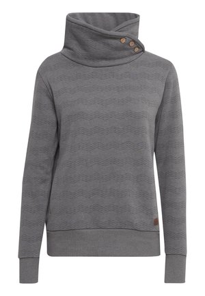 Gray pullover with a high cowl neck, featuring a textured wave pattern and three wooden buttons on the neck. Ribbed cuffs and hem.