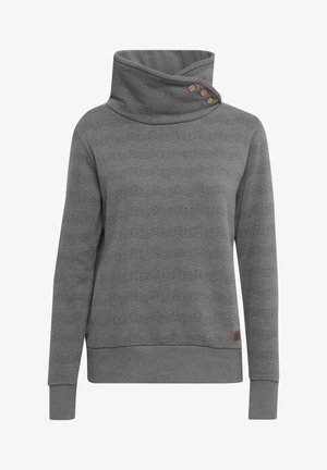 Gray pullover with a high cowl neck, featuring a textured wave pattern and three wooden buttons on the neck. Ribbed cuffs and hem.