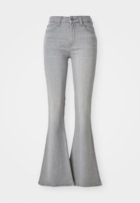 Jeans grigi flared in denim, con vita alta, cinque tasche e chiusura con bottone. Texture liscia con un leggero effetto lavato.