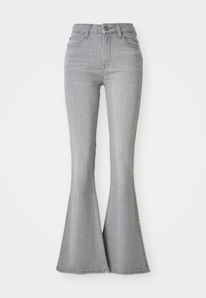 Grijze flared jeans van denim, met een hoge taille, vijf zakken en een knoopsluiting. Soepele textuur met een subtiele wassing.