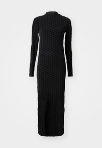Black long-sleeve dress featuring a textured pattern with repeated branding. The design is fitted with a mock neck and floor-length silhouette.