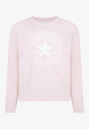 Hellrosa langärmliges Sweatshirt mit weißem Converse All Star-Logo und Stern-Emblem in der Mitte der Brust.