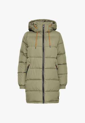 Olivenfarvet polstret jakke med hætte, sort lynlås og orange snoredetaljer. Har to sidelommer og elastiske ærmer.
