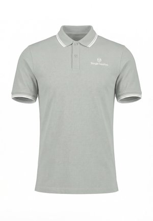 Lichtgrijs poloshirt met korte mouwen, witte gestreepte kraag en manchetten, een knopenlijst met twee knopen en het Sergio Tacchini-logo op de linkerborst.