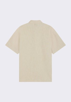 Korte mouwen shirt in een lichtbeige, gestructureerde stof met een subtiel patroon, voorzien van een eenvoudige kraag en een ontspannen pasvorm.