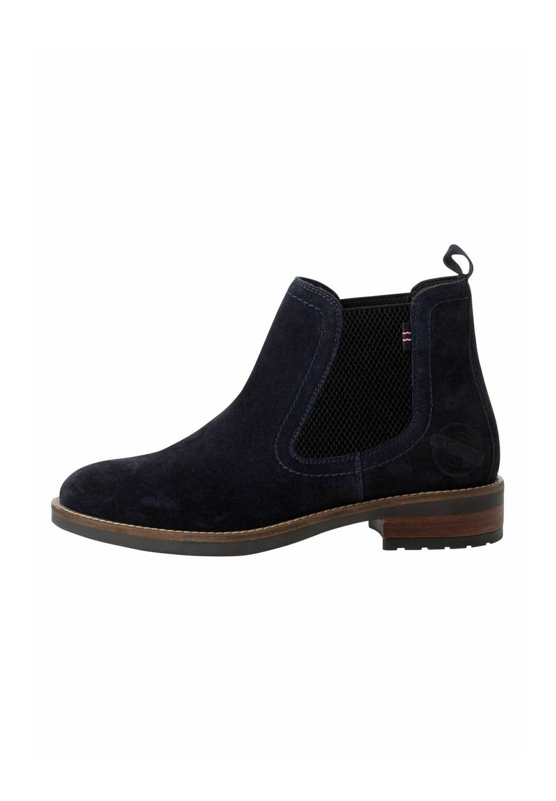 Botas de tobillo de ante azul marino con paneles laterales elásticos, costuras en contraste, tira de tiro y tacón de madera. Superficie texturizada y forma de punta redonda.