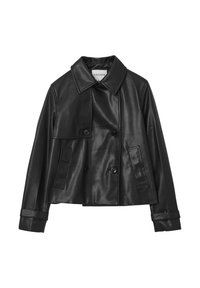 Veste en cuir noir courte avec col cranté, devant à double boutonnage, deux poches latérales et manches retroussées. Texture lisse et brillante.