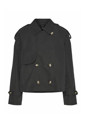 Dobbeltspent mørkegrå jakke med gullfargede knapper, brede revers og epauletter; har frontlommer og et strukturert design.