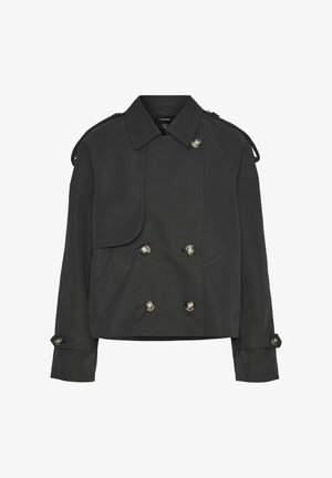 Dobbeltspent mørkegrå jakke med gullfargede knapper, brede revers og epauletter; har frontlommer og et strukturert design.