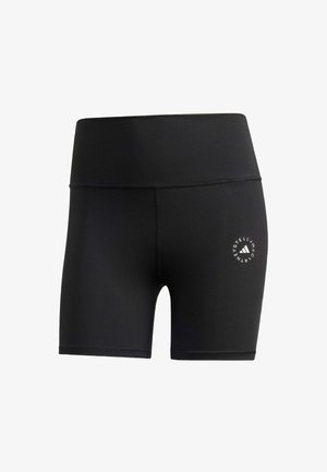 Black athletic shorts made of stretchy fabric, featuring a wide waistband and a small logo on the lower right side. Smooth texture.