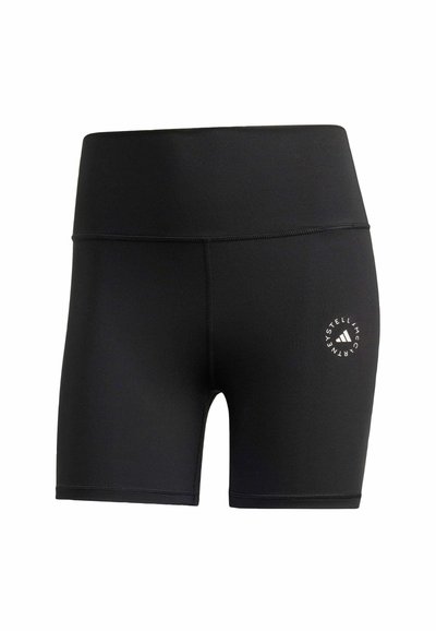 Crne atletske kratke hlače od rastezljivog materijala, s širokim pojasom i malim logotipom na donjoj desnoj strani. Glatka tekstura.
