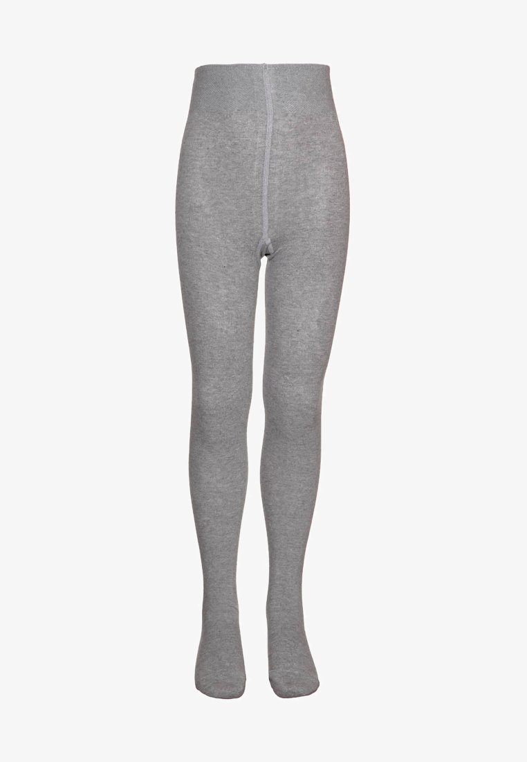 Leggings in maglia grigia chiara con un cintura elastica, a lunghezza completa che copre i piedi, esposti su uno sfondo bianco.