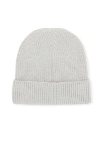 Šedá pletená čepice s žebrovanou strukturou a ohrnutým lemem. Vyrobena z jemného, teplého materiálu, vhodná do chladného počasí.