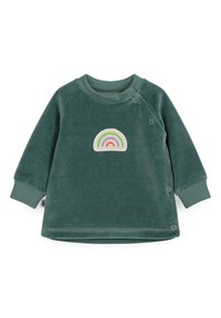 Zielony welurowy sweatshirt z okrągłym dekoltem i raglanowymi rękawami. Ma haftowany wzór tęczy z przodu. Zapięcia na zatrzaski po bokach.