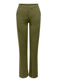 Olivově zelené kalhoty na míru s předními kapsami, poutky na opasek a mírně rozšířenými nohavicemi, vystavené na bílém pozadí.