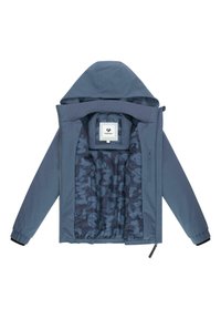 Niebieska kurtka z kapturem i wzorzystą podszewką, z pełnym zamkiem z przodu, zamykaną kieszenią na piersi oraz elastycznymi mankietami, leżąca płasko z wyciągniętymi rękami.
