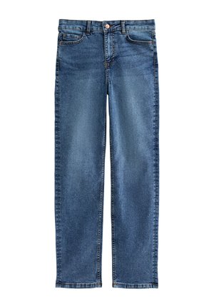 Denim jeans in a dark blue wash, featuring a straight-leg cut, five-pocket design, and subtle stitching accents on pockets.