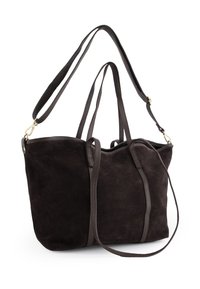Schwarze Wildleder-Shopper-Tasche mit doppelten Ledergriffen. Verfügt über eine weiche Textur, minimalistisches Design und kontrastierende hellere Nähte an den Kanten.