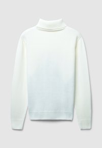 Maglione a collo alto crema con colletto a coste, maniche lunghe e una sfumatura da bianco a crema chiaro all'orlo. Tessuto morbido e texturizzato.