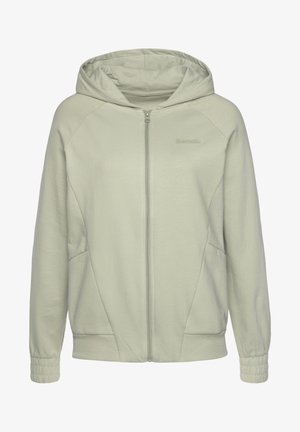 Hellegraue Zip-Hoodie aus weichem Material mit Kapuze, seitlichen Taschen und elastischen Bündchen. Dezentes Logo auf der Vorderseite.