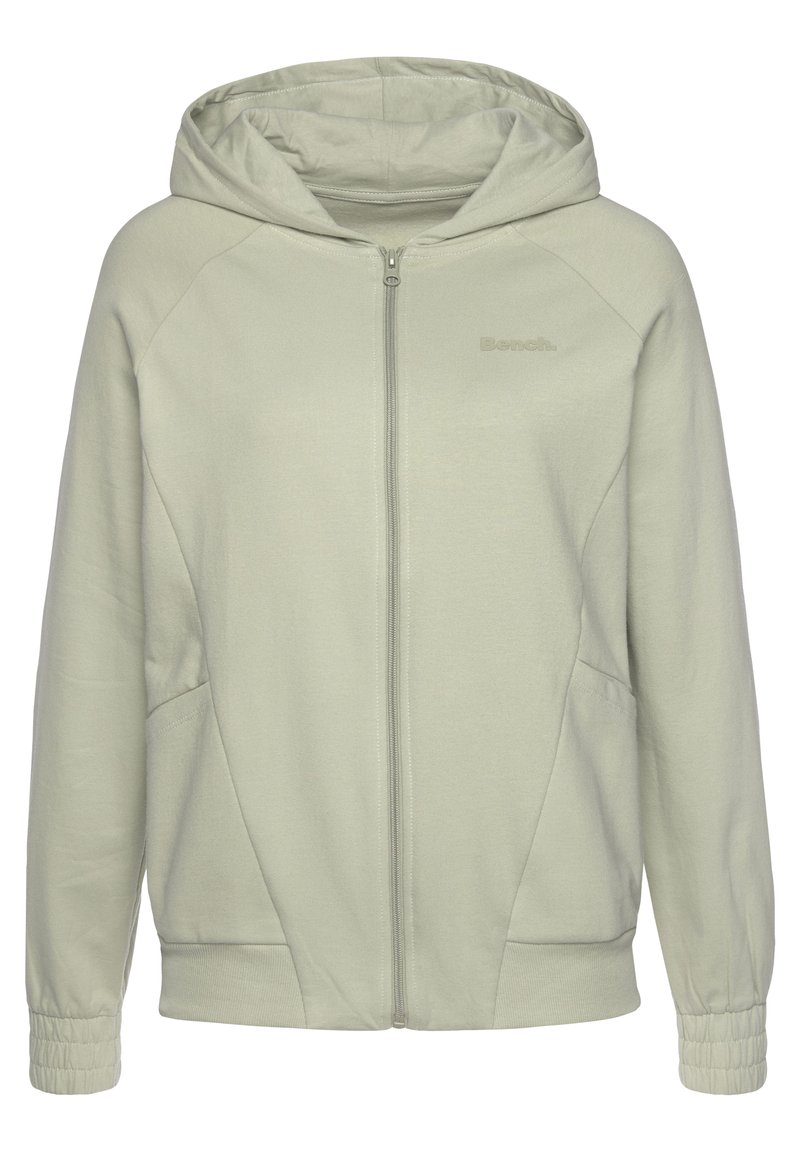 Hellegraue Zip-Hoodie aus weichem Material mit Kapuze, seitlichen Taschen und elastischen Bündchen. Dezentes Logo auf der Vorderseite.