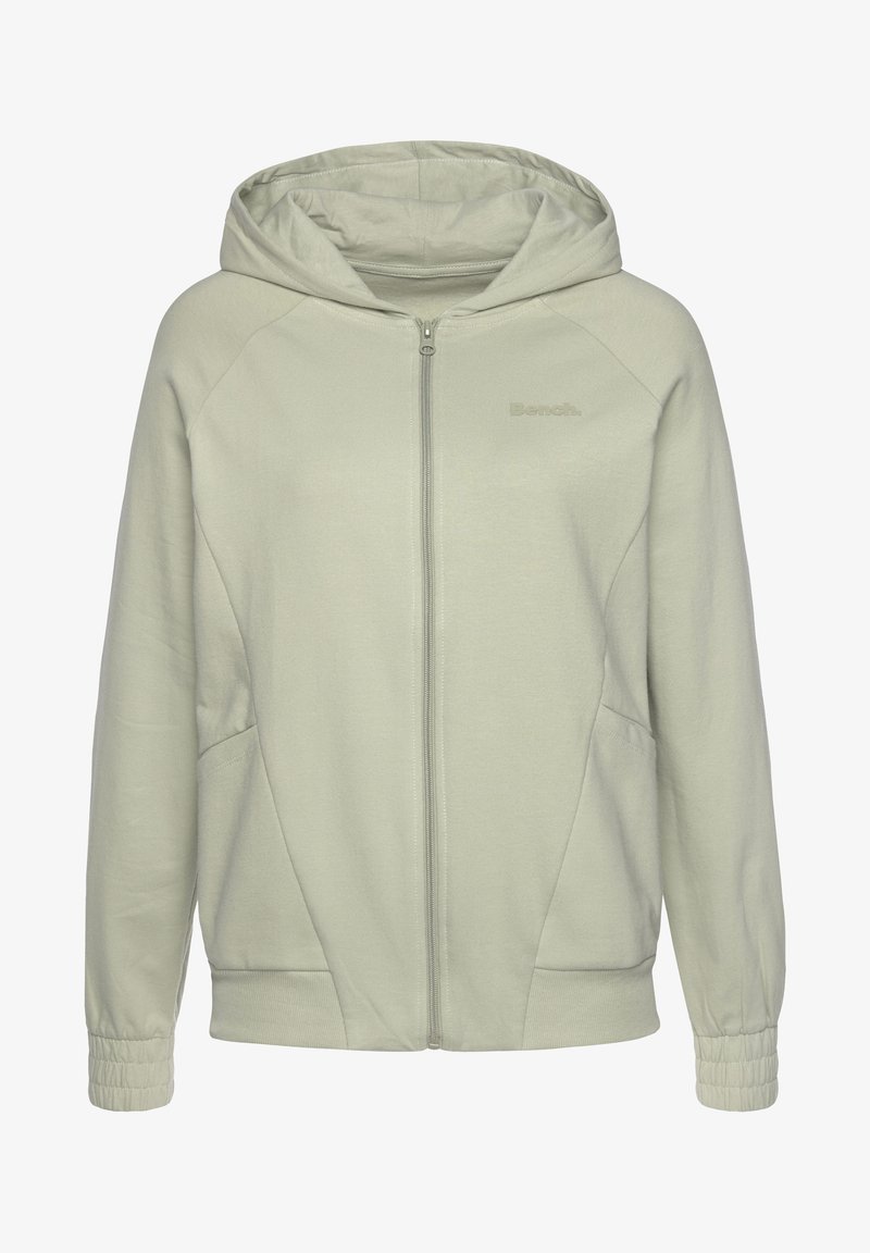 Hellegraue Zip-Hoodie aus weichem Material mit Kapuze, seitlichen Taschen und elastischen Bündchen. Dezentes Logo auf der Vorderseite.