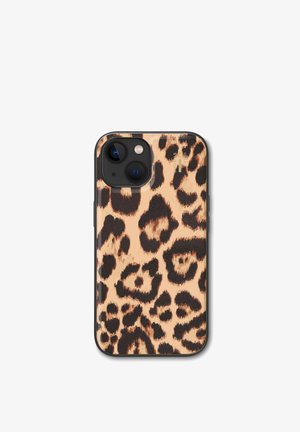 Leopardprint telefoonhoes met een gestructureerde afwerking, voornamelijk beige met zwarte vlekken, en afgeronde randen voor bescherming en grip.