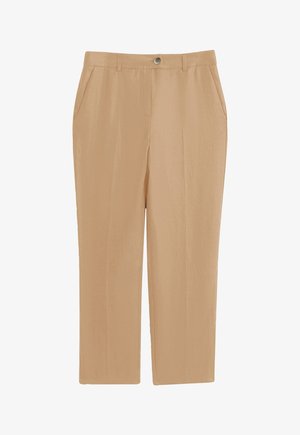 Beige op maat gemaakte broeken met een zachte textuur, knoopsluiting, zijzakken en rechte pijpen. Het materiaal is lichtgewicht.