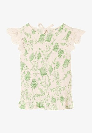Blusa corta de manga corta color crema con estampado botánico verde, mangas con volantes de encaje de ojales, lazo en la parte posterior del cuello y dobladillo con volantes.