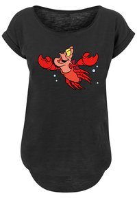 Svart t-skjorte med korte ermer som har et tegneserielobster-design i rødt med gule detaljer og blå bobler mot skjortens stoff.