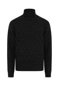 Schwarzer Rollkragenpullover mit strukturiertem Muster, gerippten Bündchen und Saum. Hergestellt aus weichem Strickmaterial, entworfen für Wärme und Komfort.