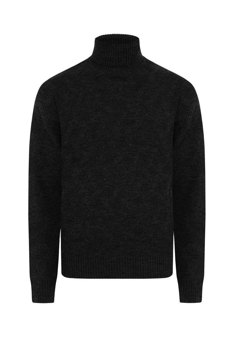 Schwarzer Rollkragenpullover mit strukturiertem Muster, gerippten Bündchen und Saum. Hergestellt aus weichem Strickmaterial, entworfen für Wärme und Komfort.
