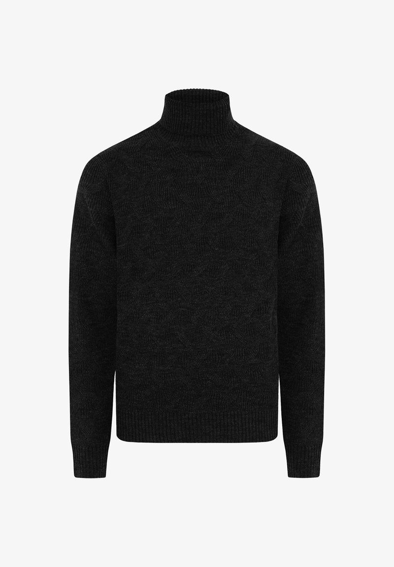 Schwarzer Rollkragenpullover mit strukturiertem Muster, gerippten Bündchen und Saum. Hergestellt aus weichem Strickmaterial, entworfen für Wärme und Komfort.