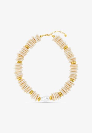 Collana caratterizzata da dischi off-white alternati a dettagli dorati, con una grande perla bianca al centro. Chiusura con catena dorata regolabile.