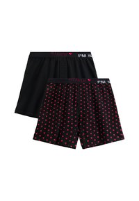 Dwie pary męskich bokserek: jedna w jednolitym czarnym kolorze z zapięciem na guziki, druga czarna z małym wzorem czerwonych serduszek, obie z elastycznymi pasami z logo.