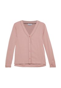 Rosa långärmad blus i mjukt tyg, med V-halsringning, knappstängning fram och kontrasterande sömnad längs kanterna.