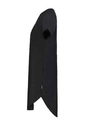 Schwarze Tunika mit kurzen Ärmeln, verfügt über einen geschwungenen Saum, eine strukturierte Passform und eine glatte Textur. Einfaches Design ohne sichtbare Muster oder Akzente.