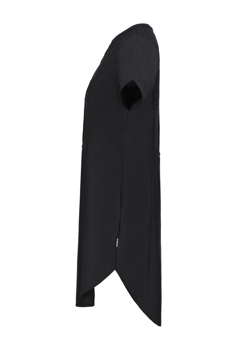 Schwarze Tunika mit kurzen Ärmeln, verfügt über einen geschwungenen Saum, eine strukturierte Passform und eine glatte Textur. Einfaches Design ohne sichtbare Muster oder Akzente.