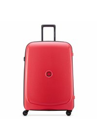 Red hard-shell suitcase with a textured surface, rectangular shape, telescoping handle, and four black wheels. Centered logo on front.
