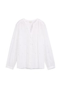 Chemise blanche à manches longues avec un col en V et des motifs colorés en points. Fabriquée en tissu léger, elle dispose d'un devant boutonné et de épaules froncées.